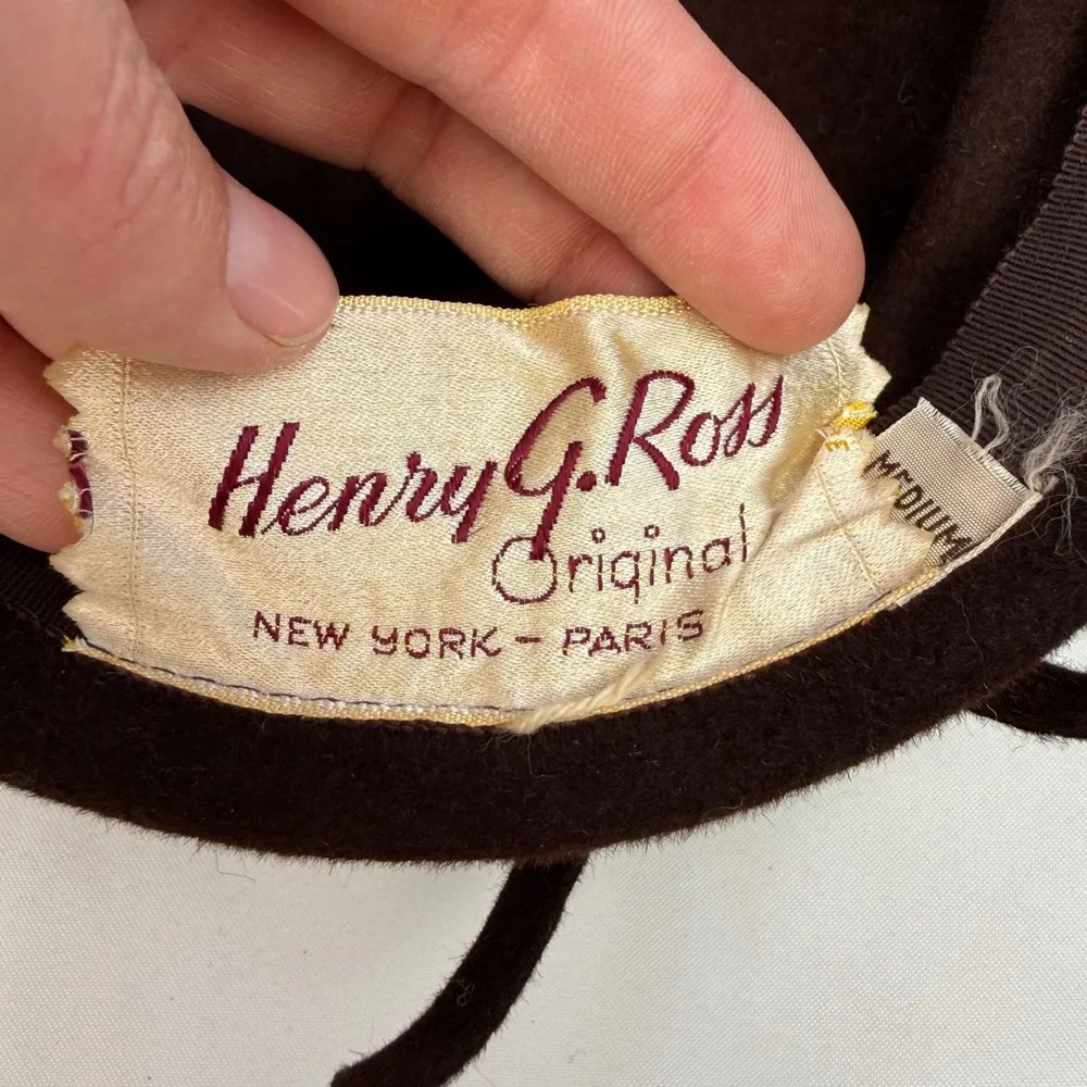 Vintage Henry G. Ross Original Brown Velour Feather Beret Hat Medium NY Paris